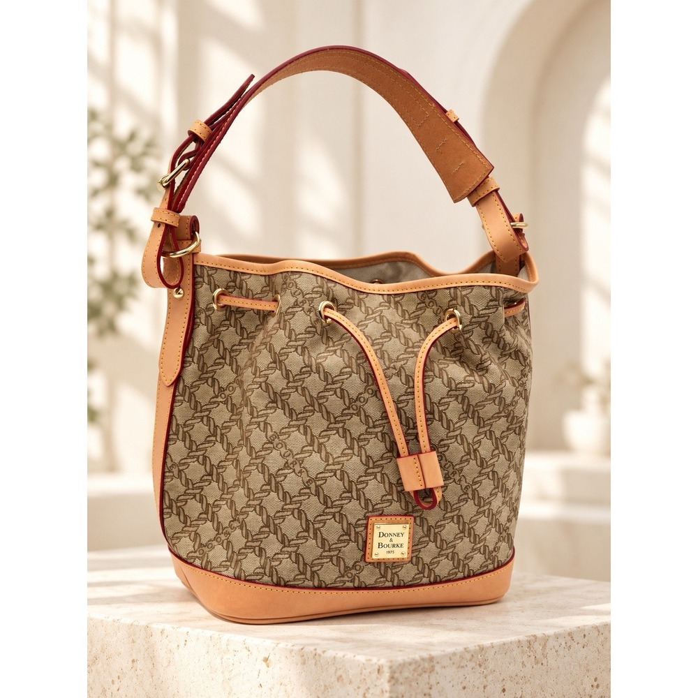 Dooney & Bourke Maritime Drawstring Bucket Bag Brown Jacquard Leather Shoulder